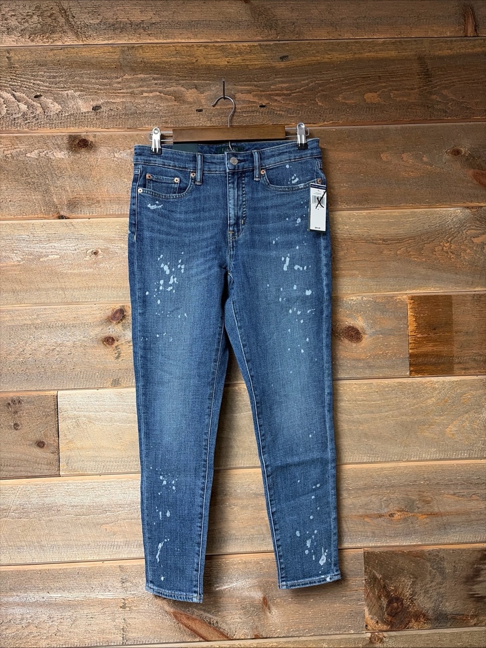 Lauren Ralph Lauren Premier Skinny Ankle Jeans Paint Splatter Indigo Blue 6 NWT